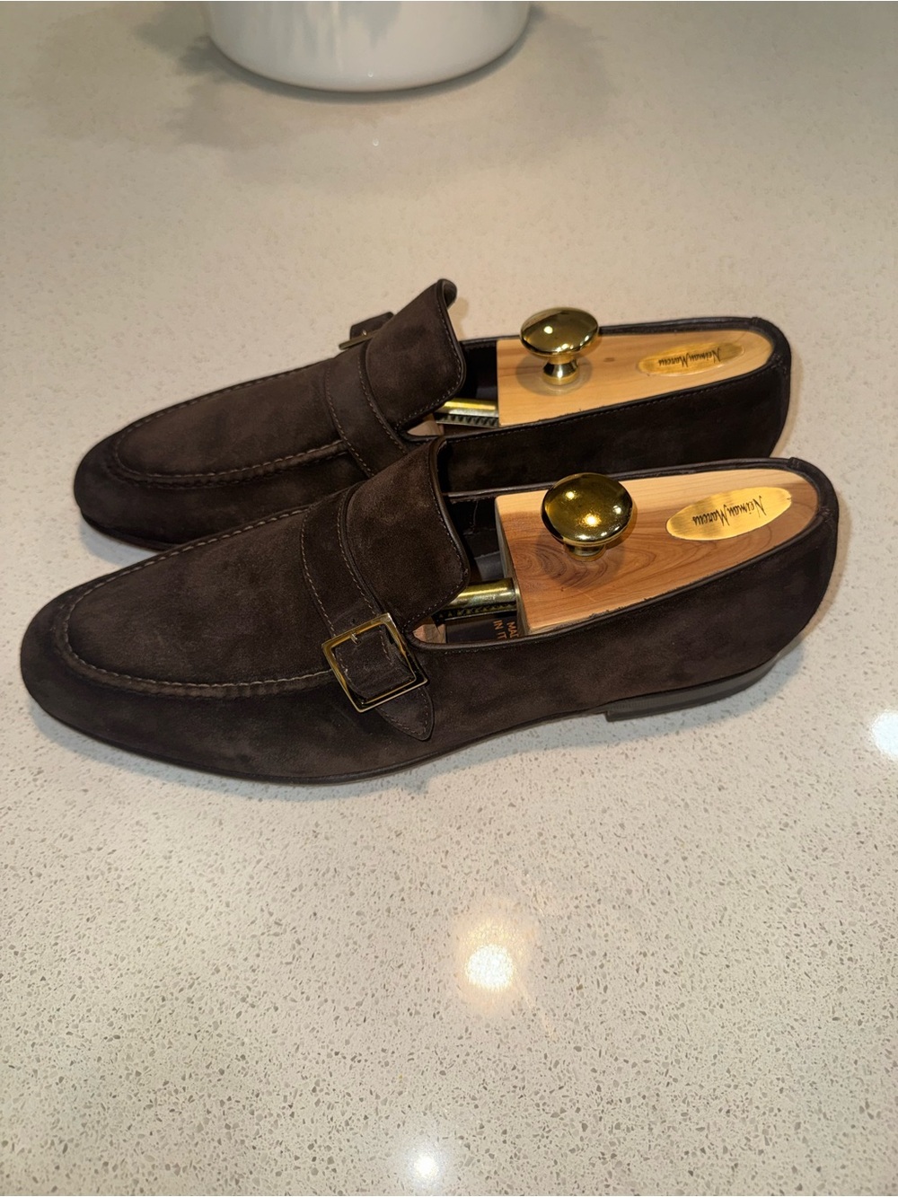 Santoni Dark Brown Suede Single Buckle Loafer
